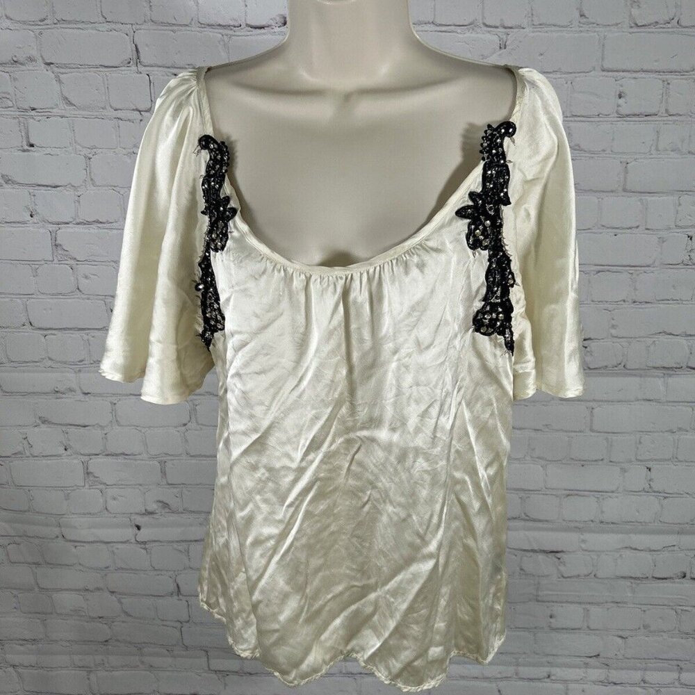 Chelsea Flower Ivory 100% Silk Rhinestones Embroidered Scoop Neck Blouse M
